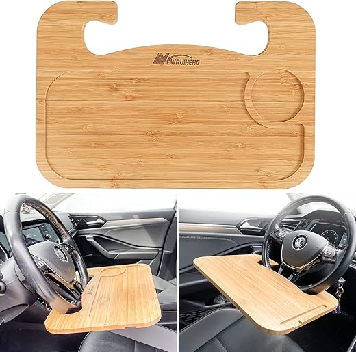 Steering Wheel Tray Double Sided Bamboo Car Laptop Steering Wheel Desk Multifunctional Car Food Trays Car Table Steering Wheel Tray for Eating, Tablet, iPad or Notebook Travel Car Accessories