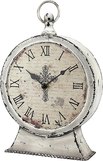 Stonebriar Large 12 Inch Decorative Battery Operated Table Top Clock with Roman Numerals and Antique Finish, 12", Worn White