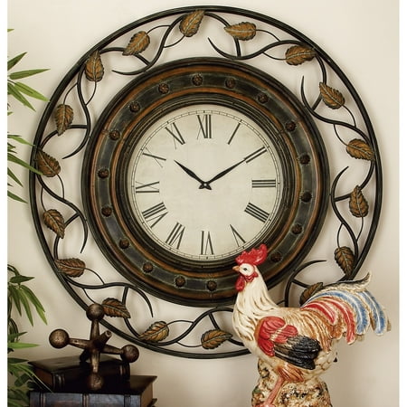 Studio 350 Brown Metal Leaf Wall Clock with Scrolled Vines