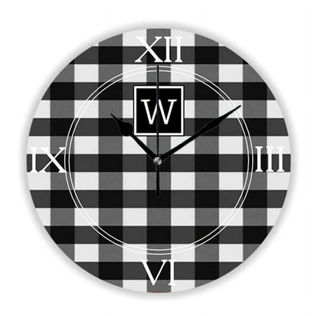 Stylish Monogram Black White Buffalo Plaid Farmhouse Wall Clock Chic Custom Rustic Checked Pattern Wall Watch Kitchen Home Decor（10 Inch）