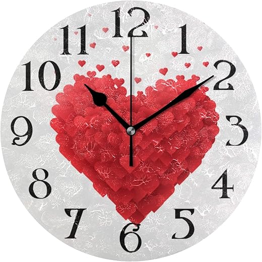 Styrofoam Heart Wall Clock 9.5 Inch Non-Ticking Silent Clocks Red Hearts Round Bathroom Clock Battery Operated Quartz Analog Decorative Desk Clock for Living Room