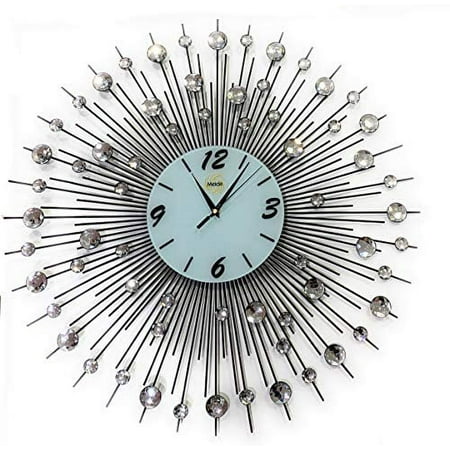 Sunburst Wall Clock Black Metal Shape with Crystals Decorative White Glass Dial 25''inch