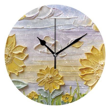 Sunflowers 3d Embossed Oil Painting Wall Clock Battery Operated Round Clock Black Pointer No Numbers Home Decor for Living Room Bedroom 9.84 Diameter