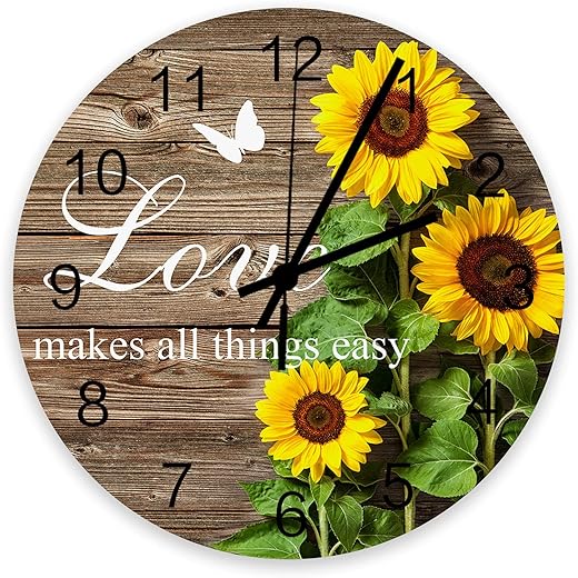 Sunflower Wall Clock Silent Non Ticking, Love Positive Quotes Vintage Wood Grain Farmhouse Clock, Battery Operated Quartz Wooden Round Wall Clocks Decorative for Living Room/Kitchen/Office 12 Inch