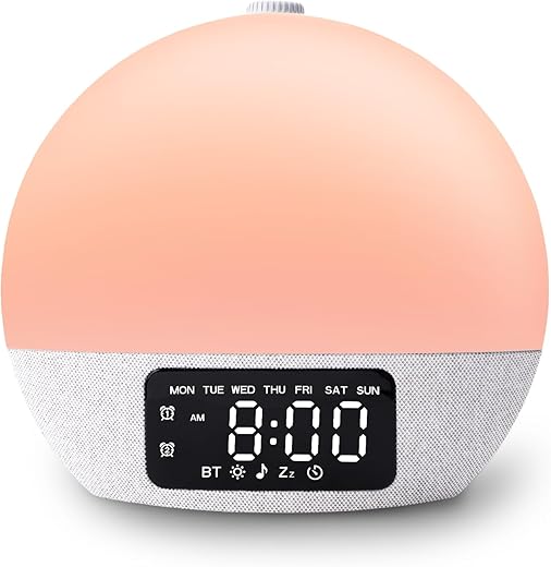 Sunrise Alarm Clocks White Noise Sound Machine with 25 Soothing Sounds, 17 Night Lights, Bluetooth Speaker Wake Up Light Alarm Clock for Bedrooms, Heavy Sleepers, Baby, Kids