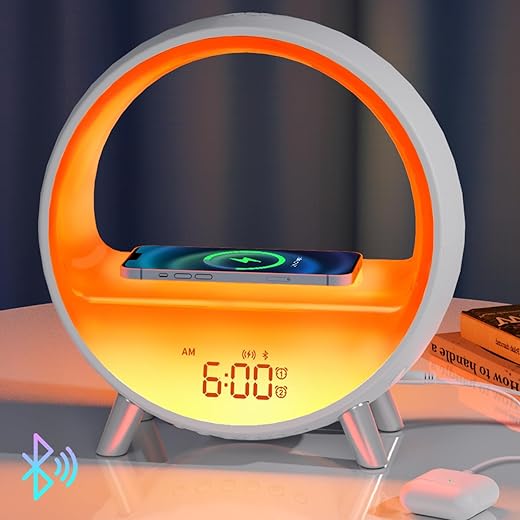 Sunrise Alarm Clock with Wireless Charging Station, Sound Machine with Bluetooth Speaker, 15 White Noise Machine & 11 Lights Table Lamp, Alarm Clocks for Bedrooms Kids/Baby/Adults