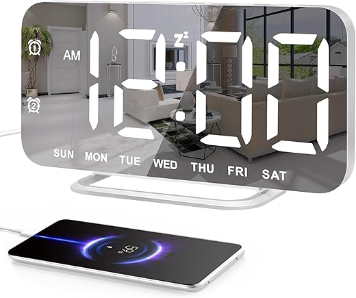 Super Slim LED Digital Alarm Clock, Mirror Surface for Makeup, with Diming Mode, 4 Levels Brightness, Large Display, Easy Setting, Dual USB Ports, Modern Decoration for Home, Bedroom Decor, White