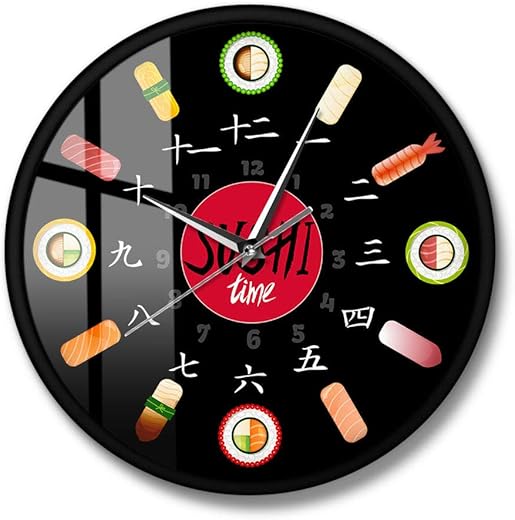 Sushi Time Modern Design Wall Clock Minimalist Kitchen Décor Japanese Food Wall Art Silent Clock Watch for Sushiya Restaurant(Metal Frame)