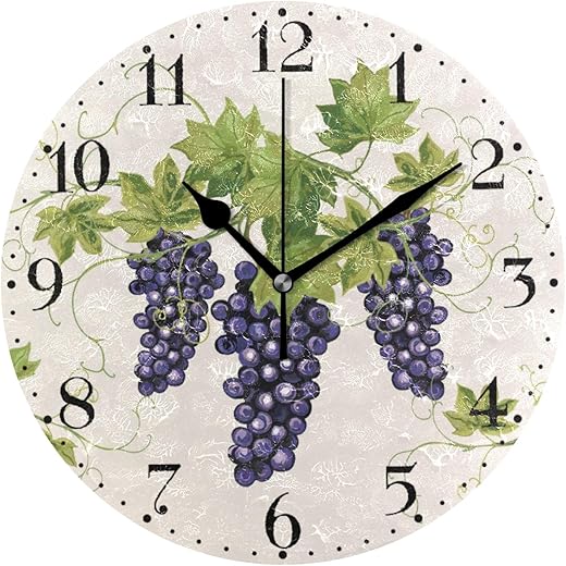 susiyo Fruits Grape Wall Clock 9.8 Inch Silent Round Wall Clock Battery Operated Non Ticking Creative Decorative Clock for Kids Living Room Bedroom Office Kitchen Home Decor