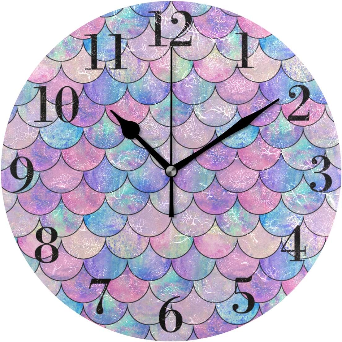 susiyo Mermaid Fish Scale Wall Clock 9.8 Inch Silent Round Wall Clock Battery Operated Non Ticking Creative Decorative Clock for Kids Living Room Bedroom Office Kitchen Home Decor