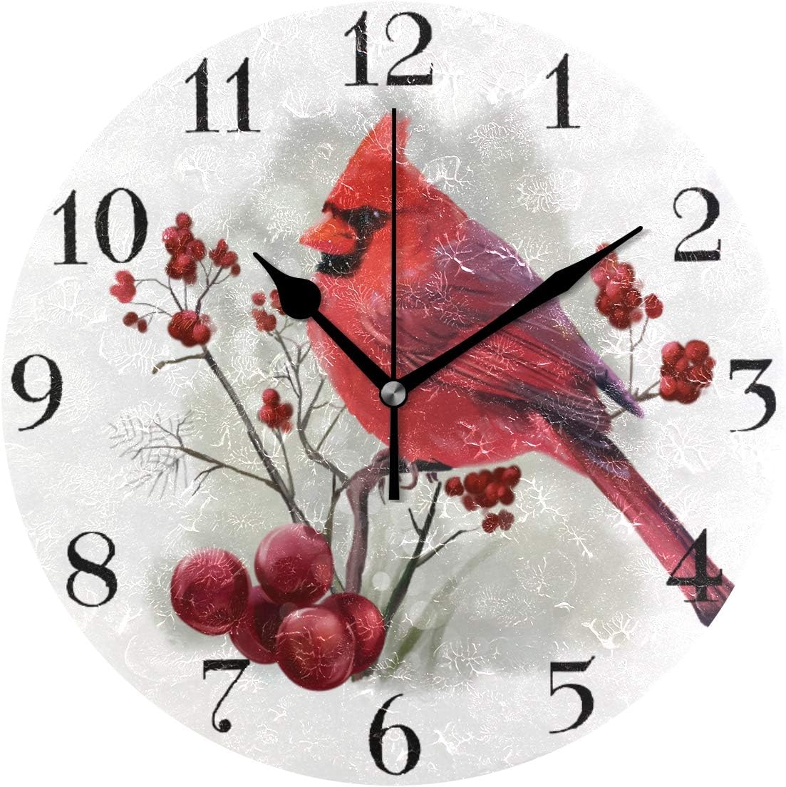 susiyo Watercolor Red Cardinals Bird Wall Clock 9.8 Inch Silent Round Wall Clock Battery Operated Non Ticking Creative Decorative Clock for Kids Living Room Bedroom Office Kitchen Home Decor