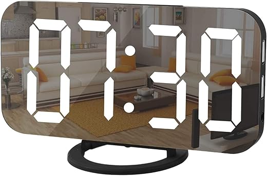 SZELAM Digital Clock Large Display, LED Alarm Electric Clocks Mirror Surface for Makeup with Diming Mode, 3 Levels Brightness, Dual USB Ports Modern Decoration for Home Bedroom Decor-Black