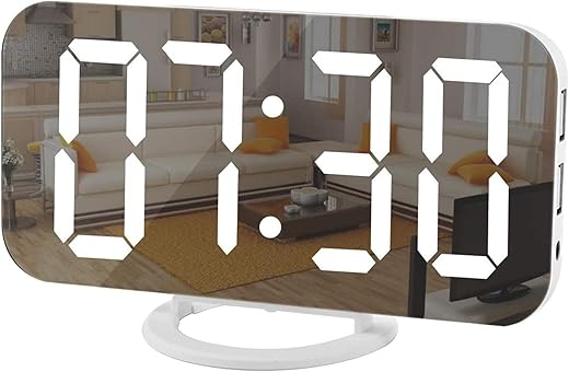 SZELAM Digital Clock Large Display, LED Electric Alarm Clocks Mirror Surface for Makeup with Diming Mode, 3 Levels Brightness, Dual USB Ports Modern Decoration for Home Bedroom Decor-White (001)