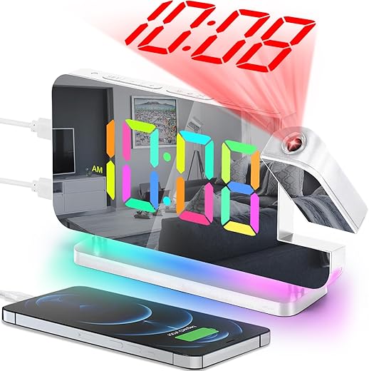 SZELAM Projection Alarm Clock,7.4" LED Mirror Digital Clocks Large Display,with 180° Rotatable Projector,RGB Night Light,USB C Port,Auto Dimming,Modern Desk Clock for Bedroom Decor - White