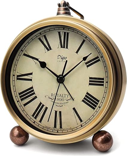 Table Clock, Golden Metal Retro Non-Ticking Alarm Clock for Bedroom, Vintage Battery Operated Silent Quartz Movement HD Glass Small Desk Clock for Living Room Indoor Decoration