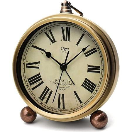 Table Clock, Golden Metal Retro Non-Ticking Alarm Clock for Bedroom, Vintage Battery Operated Silent Quartz Movement HD Glass Small Desk Clock for Living Room Indoor Decoration