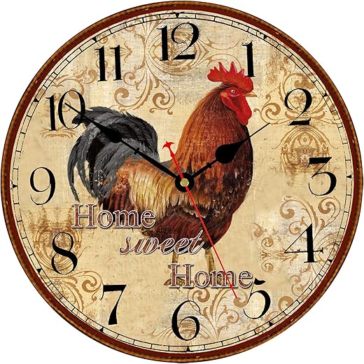 TAHEAT 12 Inch Rooster Wall Clock, Home Sweet Home Farmhouse Decor, Red Vintage Chicken Battery Operated Wall Clocks for Kitchen/Bedroom/Dining Room/Office