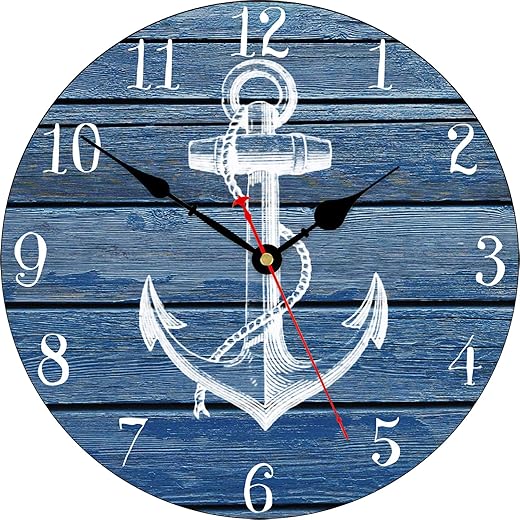 TAHEAT 14 Inch White Anchor Pattern Wall Clock, Non Ticking Silent Clocks, Nautical Retro Wooden Arabic Numeral Clocks, Easy to Read Wall Clocks for Kitchen/Living Room/Bedroom