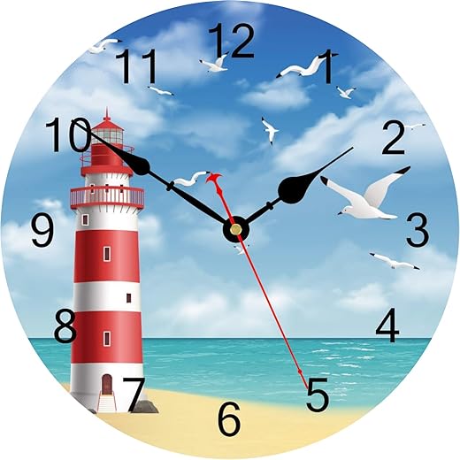 TAHEAT Lighthouse Seagull Ocean Wall Clock, Wooden Battery Operated Clocks, Silent Non Ticking Easy to Read Wall Clock for Kitchen/Bedroom/Living Room, 14 Inch