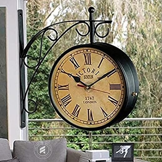 TAL THE ANTIQUE'S LAB Vintage Victoria Station Double-Sided Railway Clock - Functional 10" Black Powder Coated Wall Mount Clock for Home and Office Decor