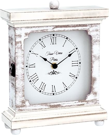 Tasse Verre Rustic Shelf Clock (Quiet) for Living Room Mantel, Table, Or Desk 9" X 7" Farmhouse Decor Distressed White Washed Wood Silent - Office Fireplace. AA Battery Operated Non-Digital, Tan