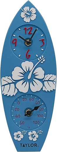 Taylor Surfboard Poly Resin Indoor and Outdoor Clock and Thermometer, Home Decor for Garden, Patio, Pool, and Indoor Areas, 14-inch, Multi-Color