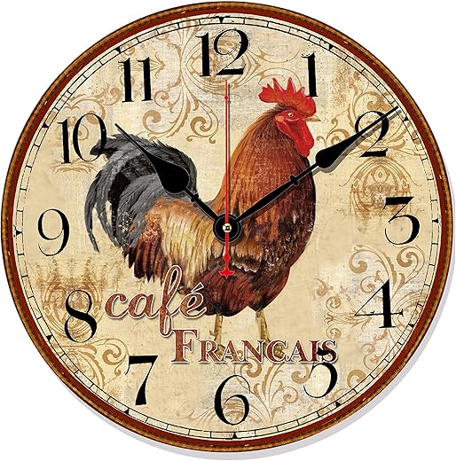 Telisha Retro Design Large Clock Rooster Chicken Cafe Home Decorative Wall Clock Wood 34CM 14" Non-Ticking Silent Quiet