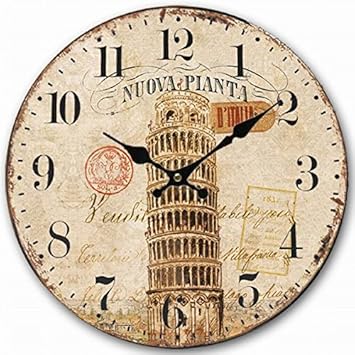 Telisha Wooden Wall Clock Italian Pisa Tower Clock Retro Vintage Large Clock Home Decorative Country Non -Ticking Silent Quiet 14 Inch Gift