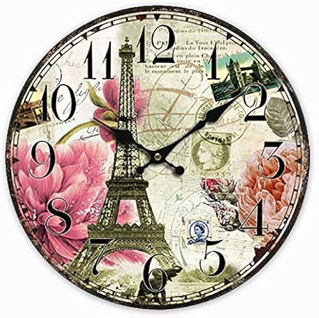 Telisha Wooden Wall Clock Paris French Eiffel Tower Pink Flower Clock Retro Vintage Large Clock Home Decorative Country Non -Ticking Silent Quiet 14 Inch Gift