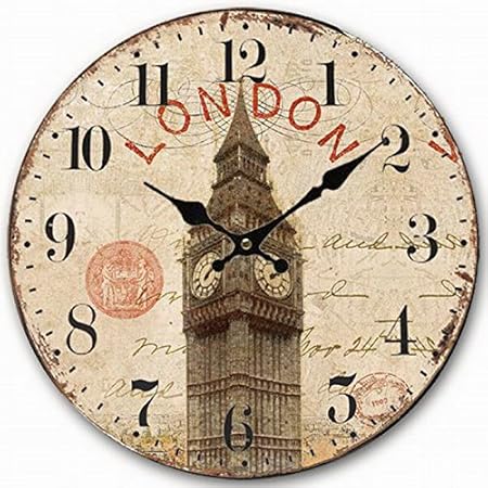 Telisha Wooden Wall Clock UK London Big Ben British Clock Retro Vintage Large Clock Home Decorative Country Non -Ticking Silent Quiet 14 Inch Gift