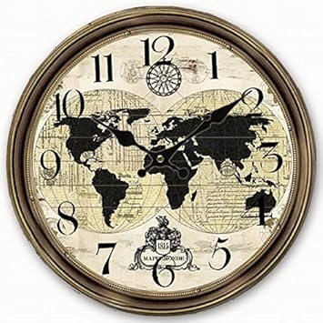 Telisha Wooden Wall Clock World Map Globe Map Brown Clock Retro Vintage Large Clock Home Decorative Country Non -Ticking Silent Quiet 14 Inch Gift