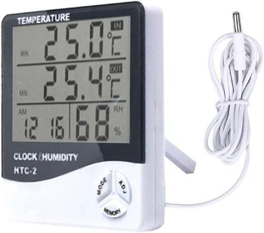 Temperature Humidity Meter,LCD Electronic Digital Outdoor/Indoor Thermometer Hygrometer with Clock Time Humidity Monitor for Home,Bedroom,Pet,Reptile,Plant,Greenhouse,Basement,Guitar (HTC-2)