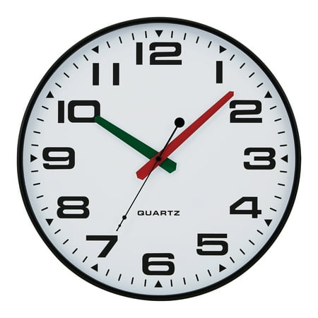 Tempus TC2388FE 13-In. Quartz Black and White Silent-Sweep Wall Clock with Black, Green, and Red Hands, and Ultra-Slim Black Rim