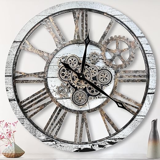 The B-Style 36" Large Moving Gear Wall Clock Oversized Vintage Farmhouse Wall Clocks for Living Room Decor Rustic Industrial Wood Clock (Gray White and Bronze Gears)