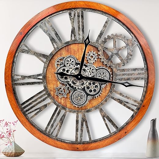 The B-Style Large Real Moving Gears Wall Clock 30 inch Rustic Retro Industrial Farmhouse Wood Clock Oversized Decorative Vintage Wall Clocks for Living Room (Brwon with Bronze Gears)