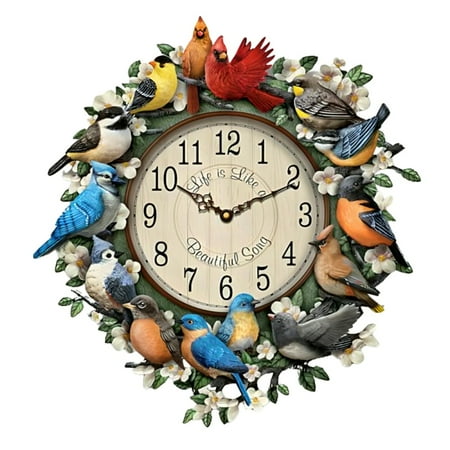 The Bradford Exchange Songbird Melodies Wall Clock with Sculpted and Hand-Painted Resin Birds with Wooden Frame Plays 12 Authentic Bird Songs Hourly Featuring 12 Bird Species and Floral Accents 12 D