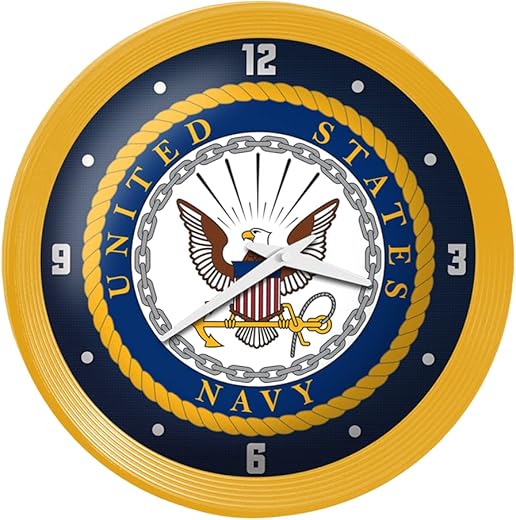 The Fan-Brand Military US Navy: Ribbed Frame Wall Clock - Sports Team Bar Sign Décor - Home Man Cave, Party Decoration - Made On Demand