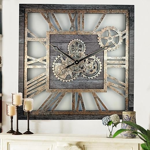 The Gears Clock 24'' Inch Square Real Moving Gear Wall Clock Vintage Industrial Oversized Rustic Farmhouse (Carbon Grey)