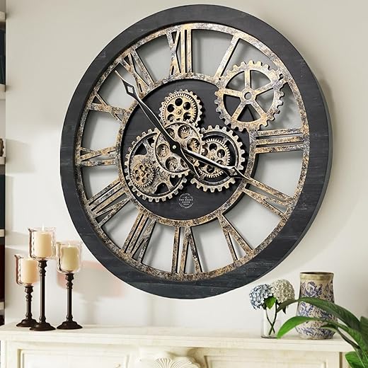 The Gears Clock The Original Real Moving Gear Wall Clock Vintage Industrial Oversized Rustic Farmhouse (24 inch (60cm), Vintage Black Wood and Bronze)