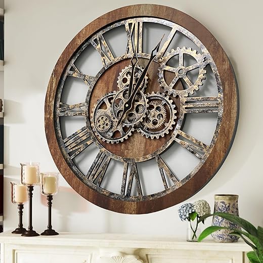 The Gears Clock The Original Real Moving Gear Wall Clock Vintage Industrial Oversized Rustic Farmhouse (24 inch (60cm), Vintage Brown)