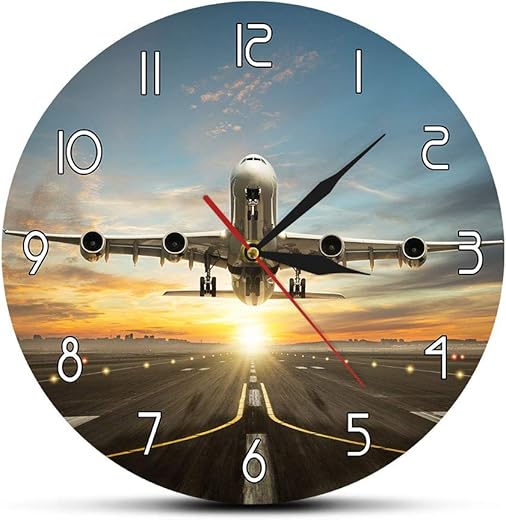 The Geeky Days Airplane Wall Clock Huge Two Storeys Commercial Jetliner Silent Quartz Printed Wall Clock Commercial Airplane Taking of Runway in Dramatic Sunset Light Modern Home Decor