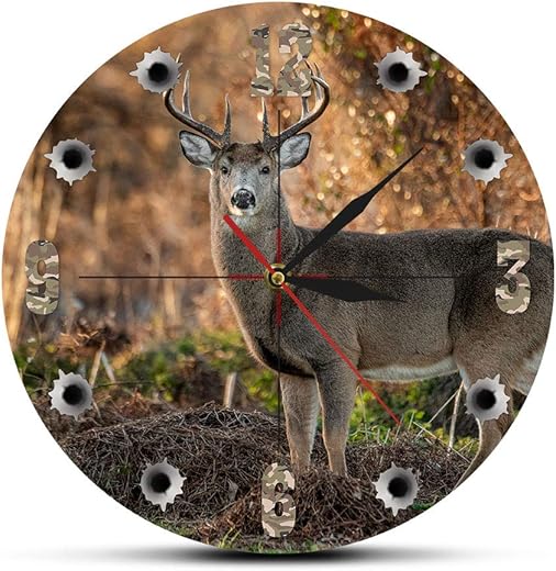 The Geeky Days Deer Hunter Camera Sniper Big Buck Round Silent Wall Clock Hunting Decor Wildlife Animal Art Elk Cabin Battery Operated Quartz 12inch Acrylic Print Watch Deer Hunting Gifts