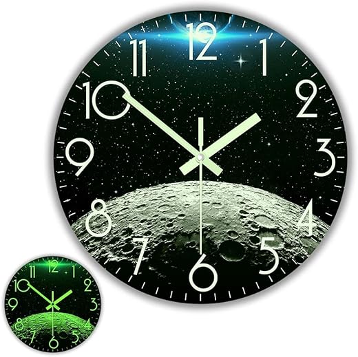 The Geeky Days Earth and Moon Glow in the Dark Wall Clock, Battery Operated Silent Quartz Universal Lunar Surface Luminous 12inch Acrylic Print Hanging Watch for Bedroom Astronomy Home Decor