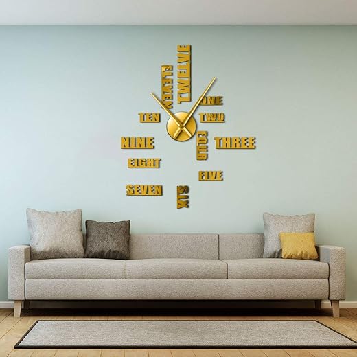 The Geeky Days English Letter Number Large Wall Clock Modern Design DIY Wall Watch Home Decoration Accessories Frameless Giant Wall Clock (Gold)