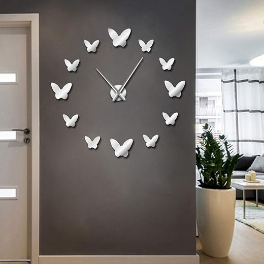 The Geeky Days Frameless DIY Wall Clock Modern Design 3D Mirror Butterflies Wall Watch Large Wall Clock for Living Room Bedroom Home Decor Big Time Clock (Silver)