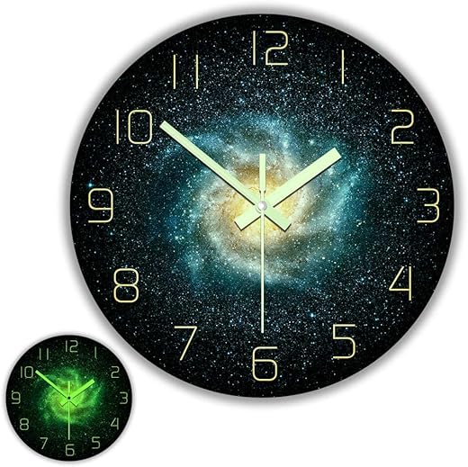 The Geeky Days Glow in The Dark Wall Clock, Galaxy Outer Space 12inch Luminous Silent Clock, Battery Operated Quartz Nebula Stars Wall Art Abstract Acrylic Watch Universe Home Decor Astronomy Gifts