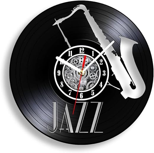 The Geeky Days Jazz Musical Instrument Silent Non Ticking Vinyl Record Wall Clock 12inch Musical Arts Saxophone Carved Album Music Record Hanging Watch Music Room Longplay Decor