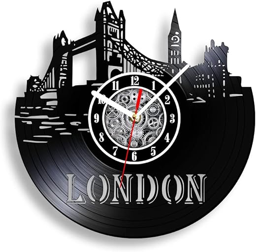 The Geeky Days London Skyline Vinyl Record Wall Clock, Battery Silent Quartz England London Cityscape Carved LP Record Hanging Watch England Big Ben Scenery Travel Gift Living Room Decor