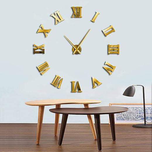 The Geeky Days Modern DIY Large Wall Clock 3D Mirror Surface Sticker Home Decor Art Giant Wall Clock Watch with Roman Numerals Big Clock (Gold)