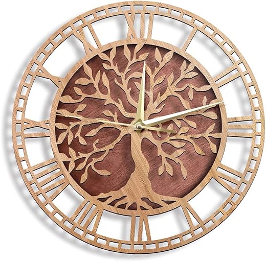 The Geeky Days Tree of Life Laser Cut Wooden Wall Clock Family Tree Art Farmhouse Style Battery Operated Silent Quartz Wall Watch Housewarming Gift